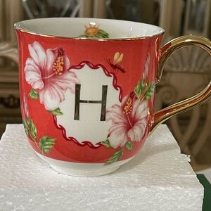 Anthropologie Red Floral Mug with Gold Handle